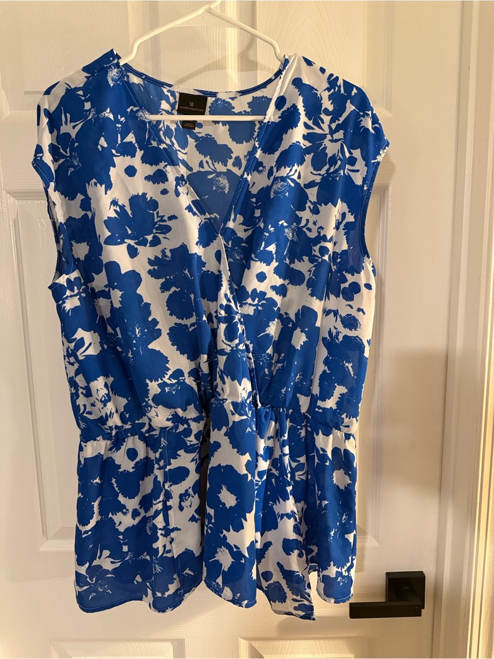 Worthington White and Blue Floral Wrap-Style Blouse